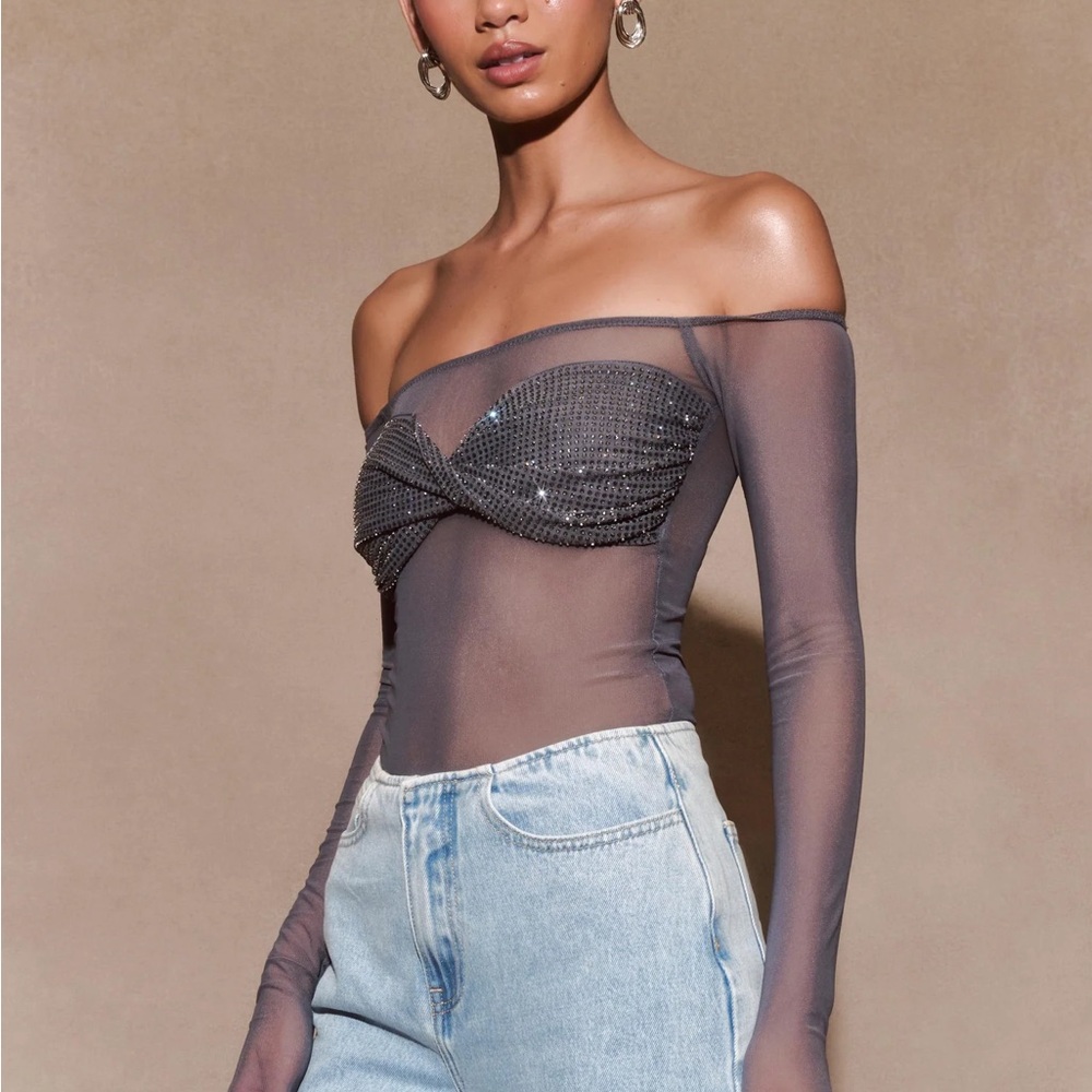 Meshki Garcelle Diamante Off Shoulder Top - Gunmetal